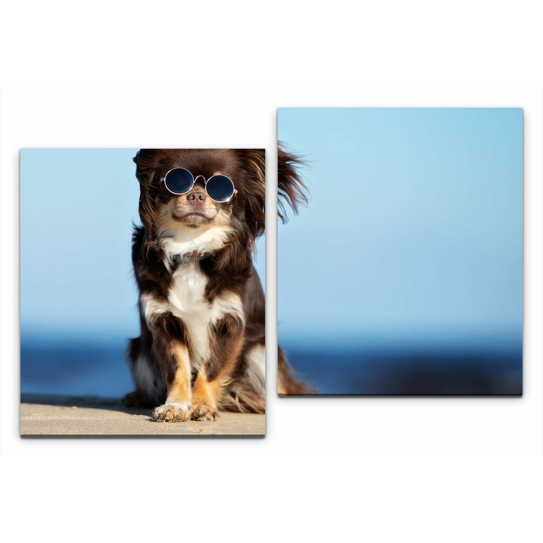 2-tlg. Leinwandbilder-Set Hund mit Sonnenbrille