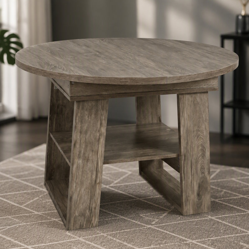 Table de salle à manger ronde extensible de 110 à 150 cm pour 4 à 6 personnes, table de cuisine ronde transformable en ovale avec rallonge intégrée rabattable, piètement stable en forme de H et tablette de rangement, grise