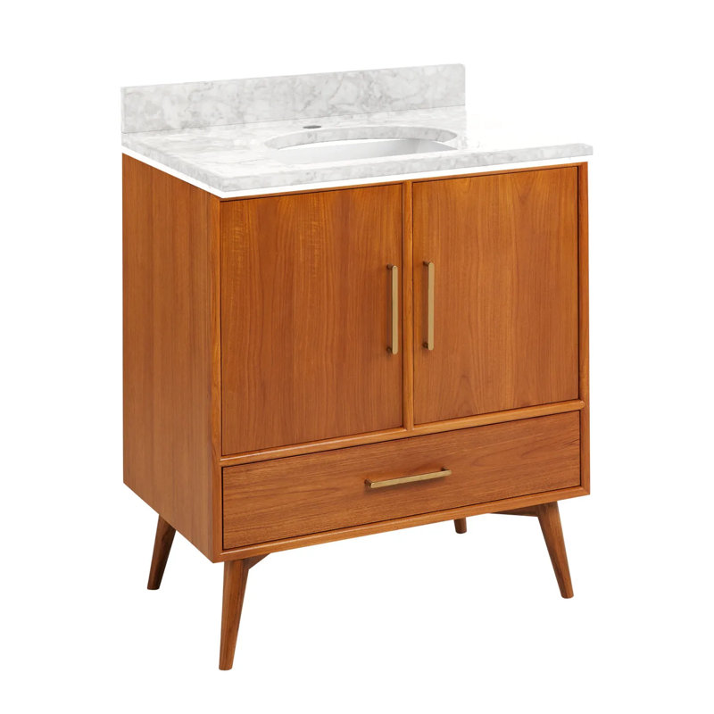 30" Novak Single Bathroom Vanity Set with Rectangular Undermount Sink, Single-Hole, Carrara Marble, Natural Teak - 31" W