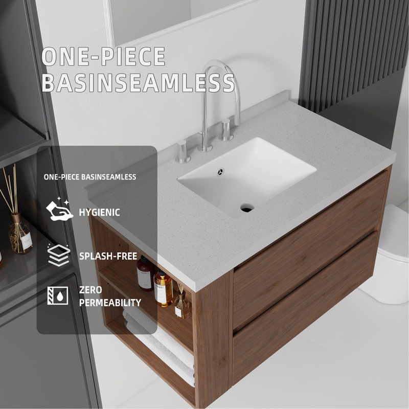 Meuble-lavabo flottant 36 po avec lavabo, tiroir à fermeture en douceur, comptoir en granite blanc de 2 po et dosseret, contreplaqué