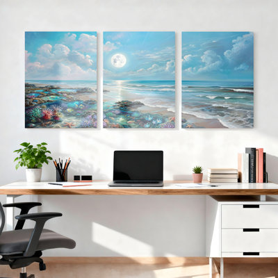 Océan au clair de lune corail récif sur toile tendue, ensemble de 3 reproductions d'art