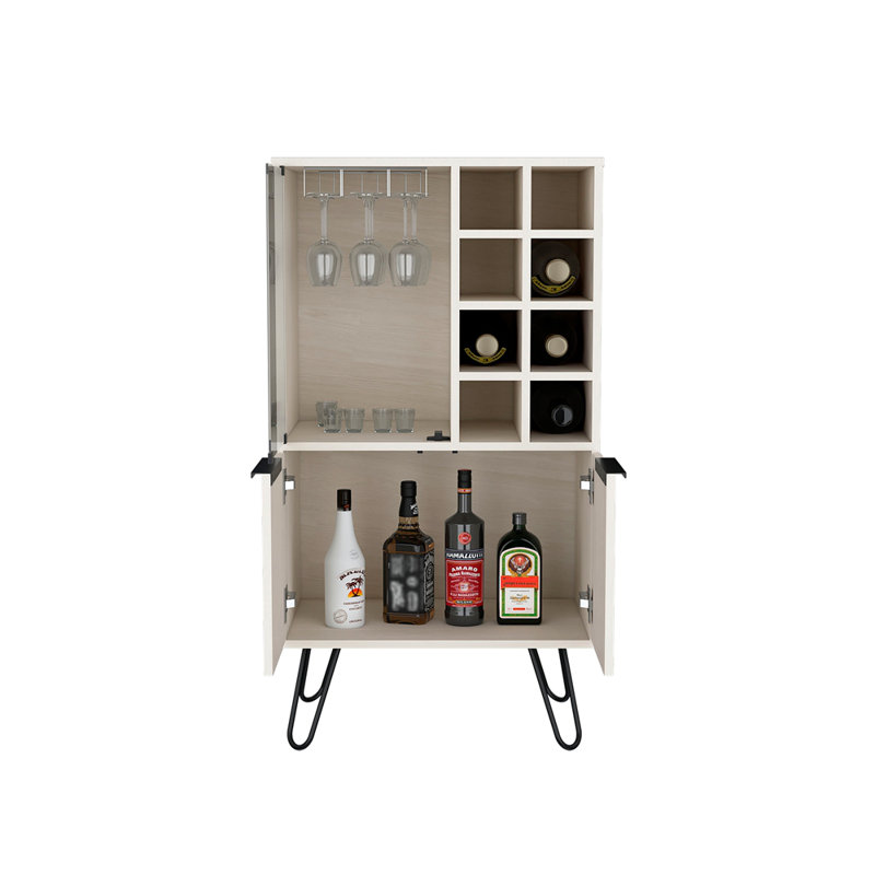 Armoire de bar à deux portes de 23 po de largeur et porte en verre, huit casiers à bouteilles et verres à pied, Blanchies