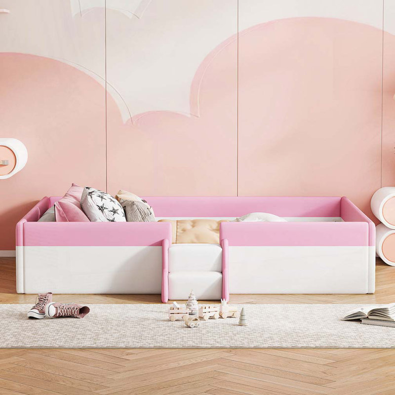 Lit pour enfant rembourré avec escalier, Rose / blanc, Simple