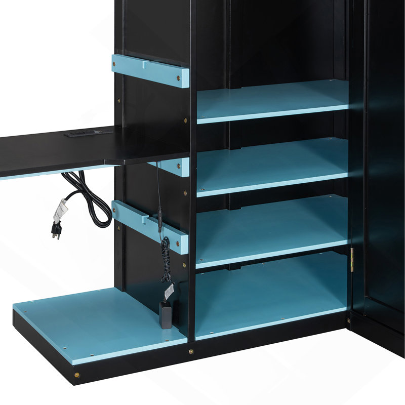 Lit mezzanine double avec bureau, tablettes multiples, lumières USB et RVB, bleu nuage, Noir / Bleu