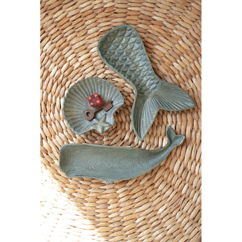  Ensemble de 3 plateaux en fonte coquille de baleine (ensemble de 3) L 6,5 po vert bord de mer or délavé