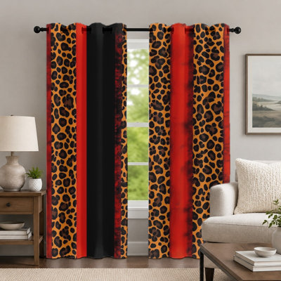 2Pcs Leopard Print Curtains, Bold Animal Pattern Panel, Vibrant Red and Black Color Block Design Grommet Drapes, Window Treatment for Bedroom Living Room Decor