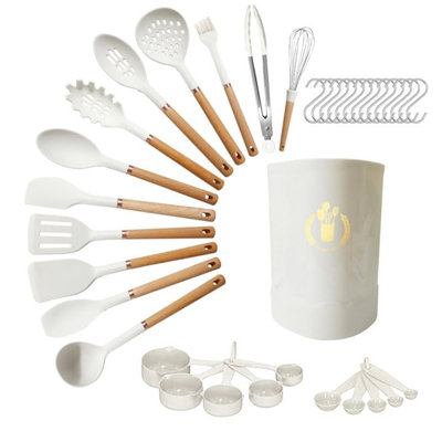 Ephratah Kitchen Utensil Set Silicone, 33 Pieces Cookware, Natural Wood Handles(White)