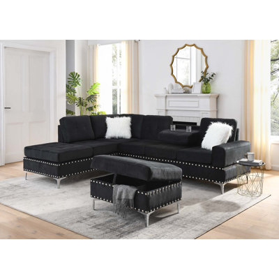 Canapé modulaire à 3 places avec méridienne réversible, repose-pieds avec rangement et porte-gobelets, pieds en métal et clous en cuivre, deux coussins blancs