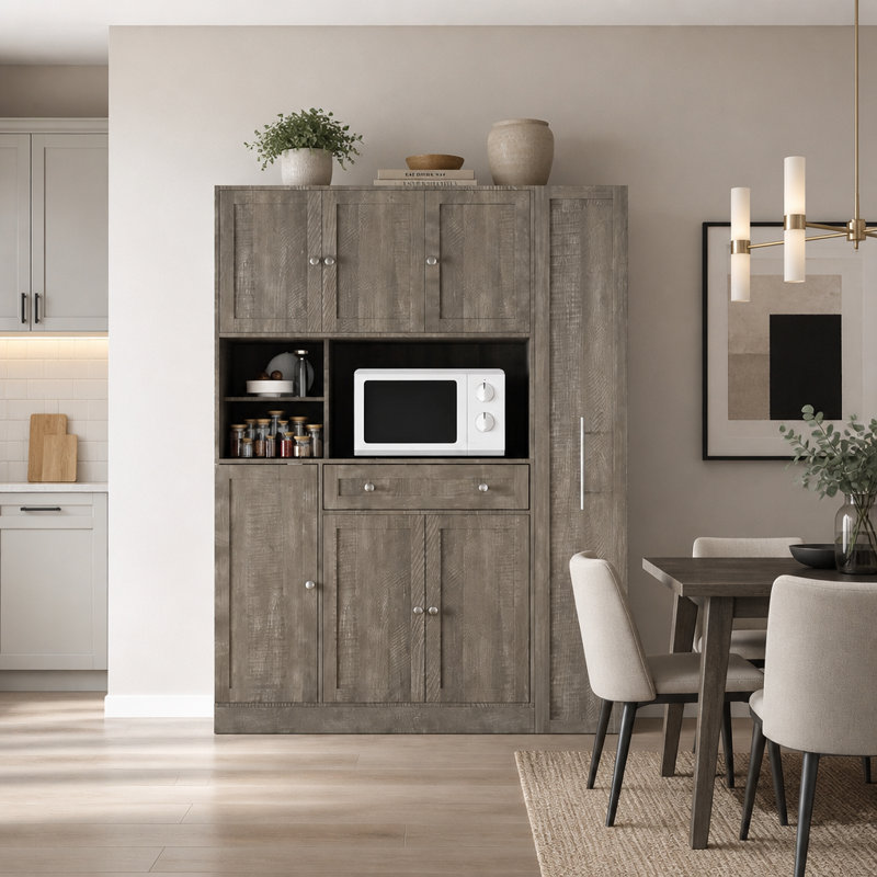 Buffet de 134 cm avec vaisselier et armoire latérale coulissante à roulettes pour cuisine, Gray, Silver