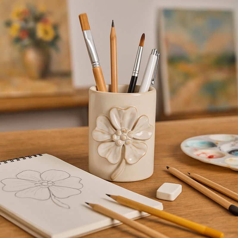 Cute Decorative Flower Ceramic Office Desk Accessory - Stylish Destop Organizer Doubles As Kitchen, Bedroom, Or Bathroom Decor Accent - 4"