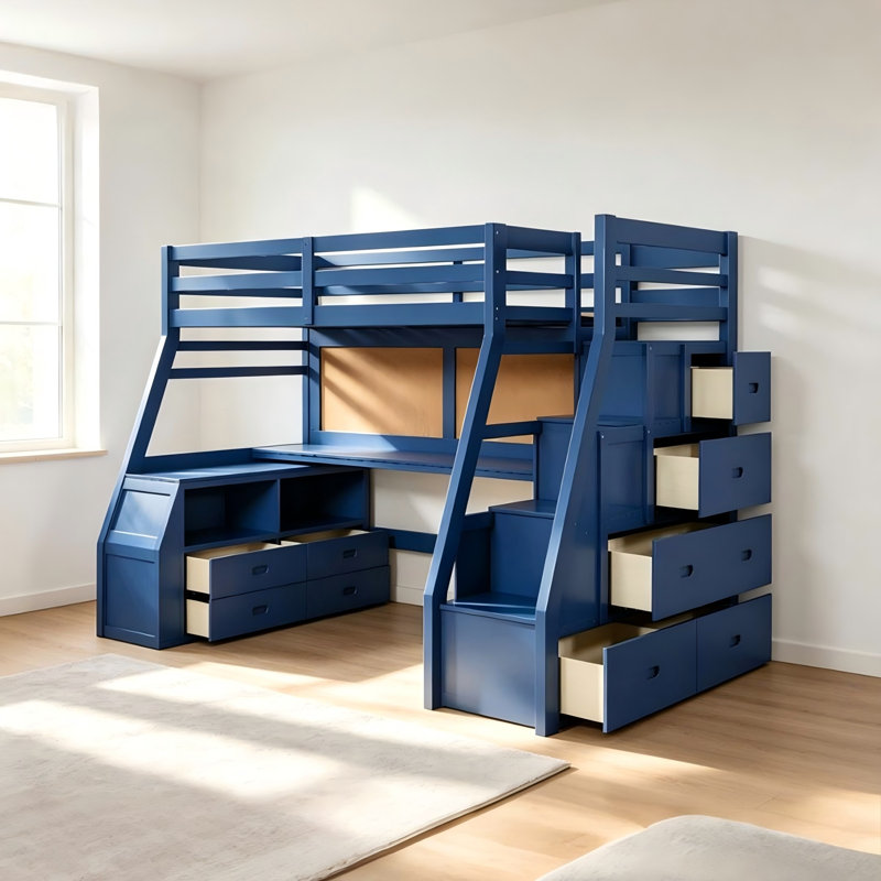 Lit mezzanine double bleu marine avec escalier