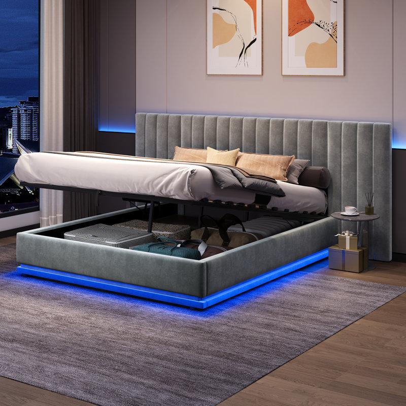 Ottoman Bed With Led Grey, Double (4'6)