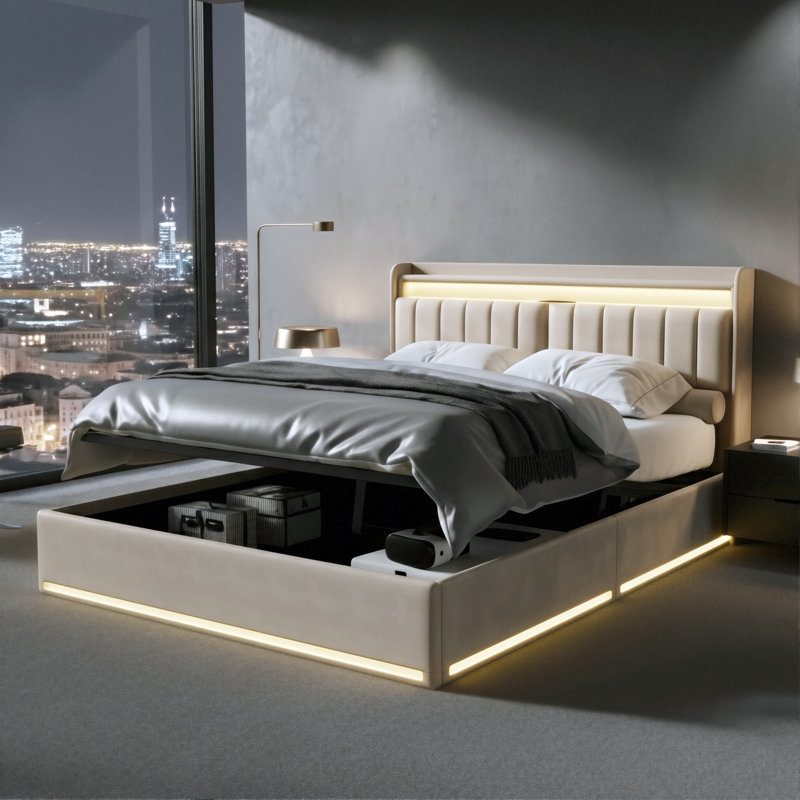 Upholstered Ottoman Bed, Beige, European Kingsize (160 x 200 cm)