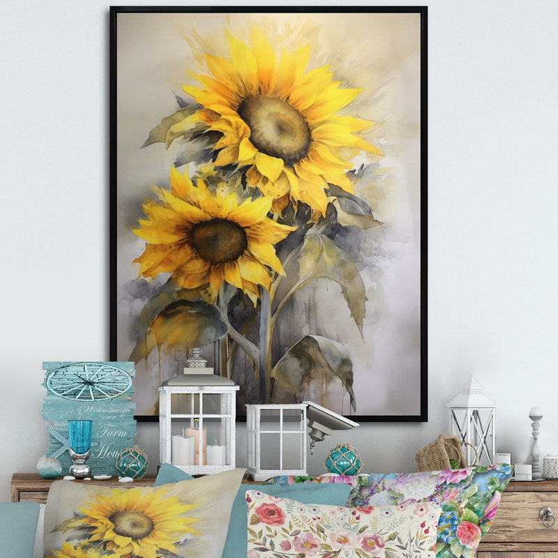 Jaune, jaune, doré, art floral sur toile, 32" H x 16" W, Cadre flottant noir