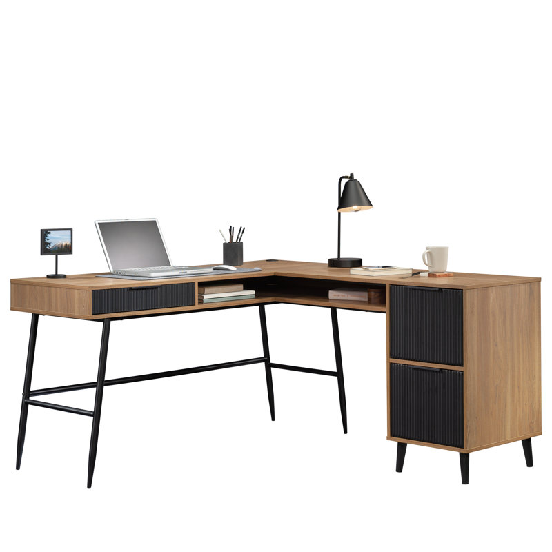 Bureau en bois en L avec gestion des câbles, brun