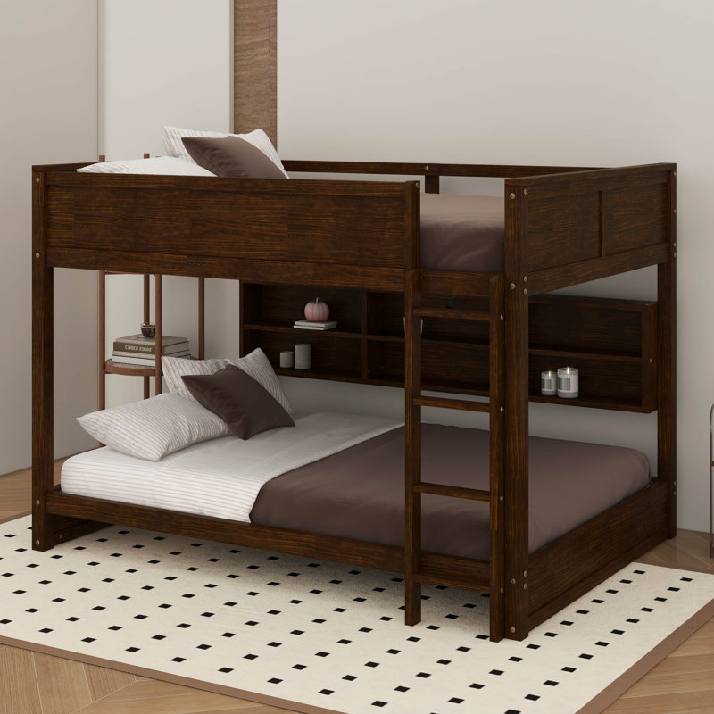 Queen Over Queen Bunk Bed With Built-In Storage Cabinets,Charging Station,Ladder And Safety Guardrails, Brown