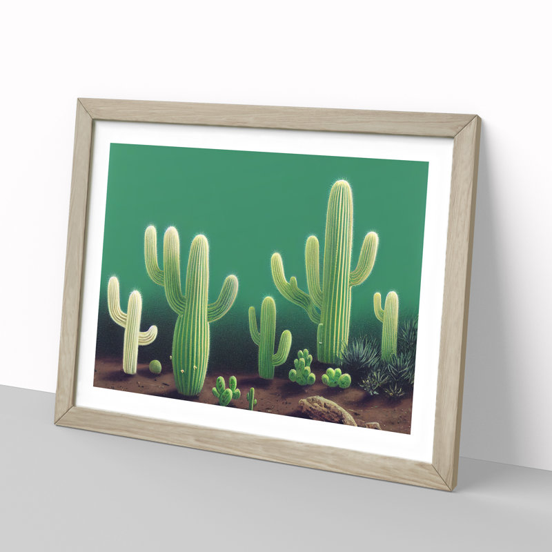 Friendly Cactus - Single Picture Frame Print, 34cm H x 46cm W x 2cm D, Oak Framed