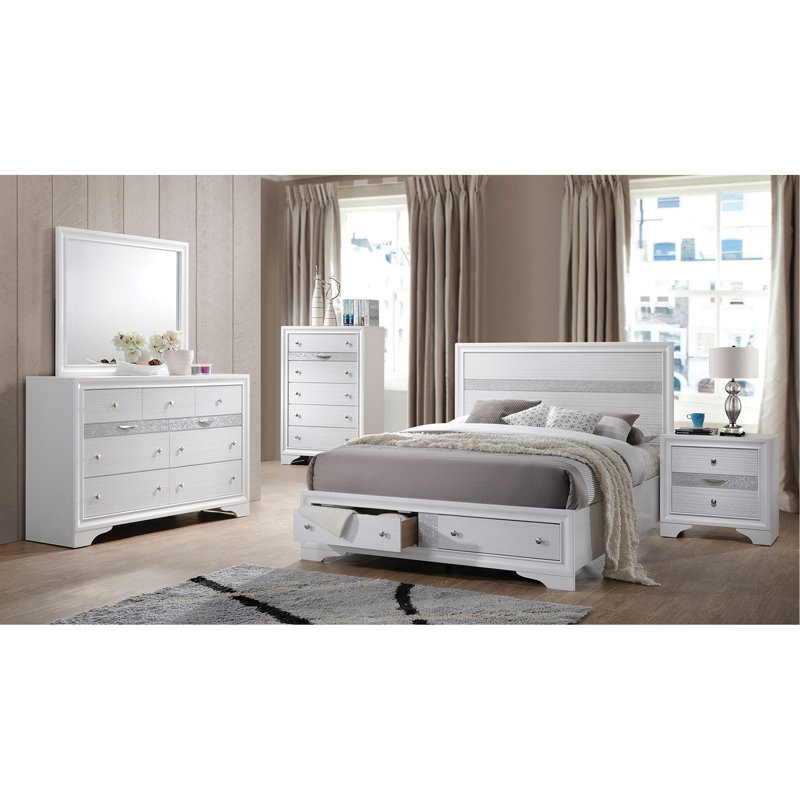 Ensemble de chambre à coucher avec rangement 4 pièces de style traditionnel en bois blanc, 5
