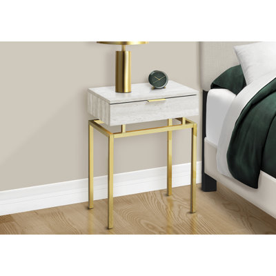 Table d'appoint polyvalente d'aspect marbre beige avec métal doré, tiroir de rangement pour la décoration de salon et de chambre à coucher de conception moderne, comme table de bout ou de chevet