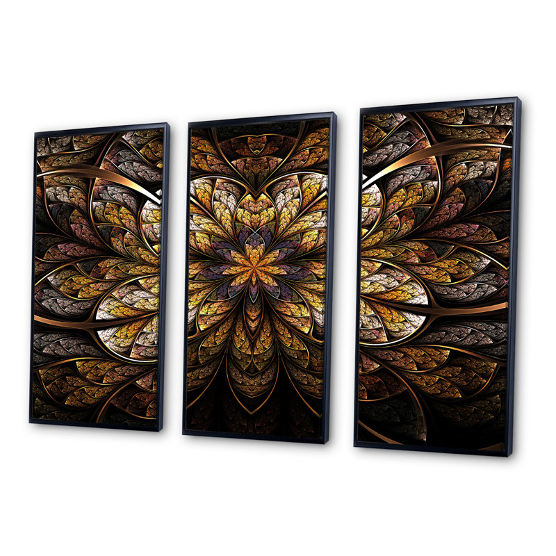 «Bright and Warm Fractal Flower», ensemble d'art mural sur toile moderne encadré de 3, Noir, H 28 po x l 36 po x P 1 po