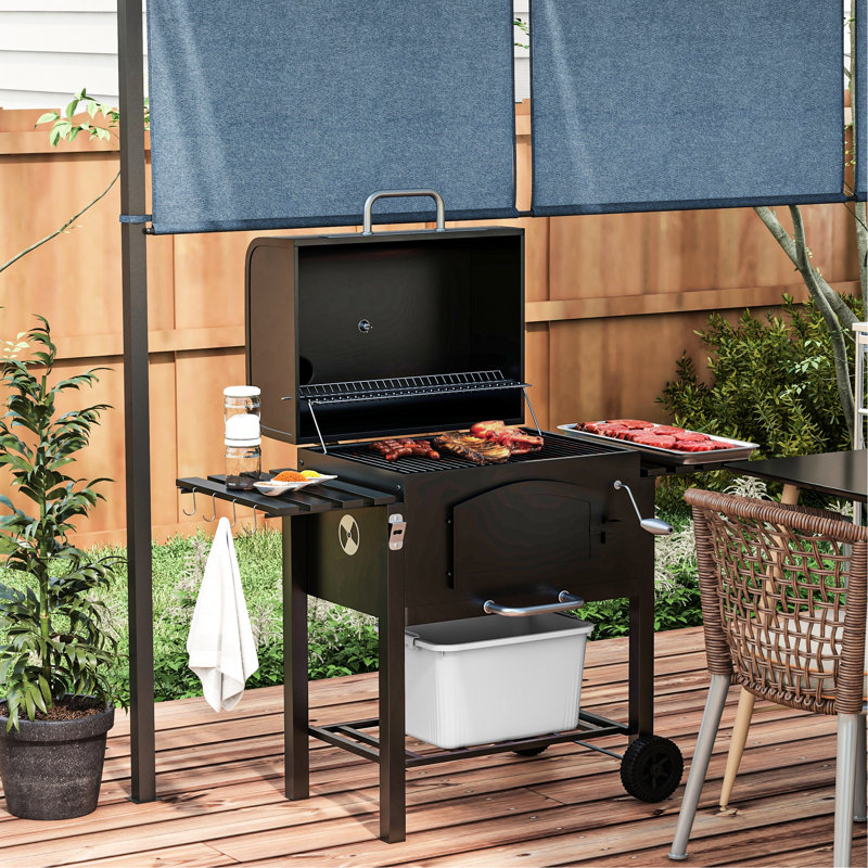 Barbecue au charbon de bois, avec 8 crochets pour les outils de gril et les tablettes pliantes, hauteur réglable, thermomètre, roues pour ouvre-bouteilles de camping, tables d'appoint noires pour barbecue, patio, cour arrière,