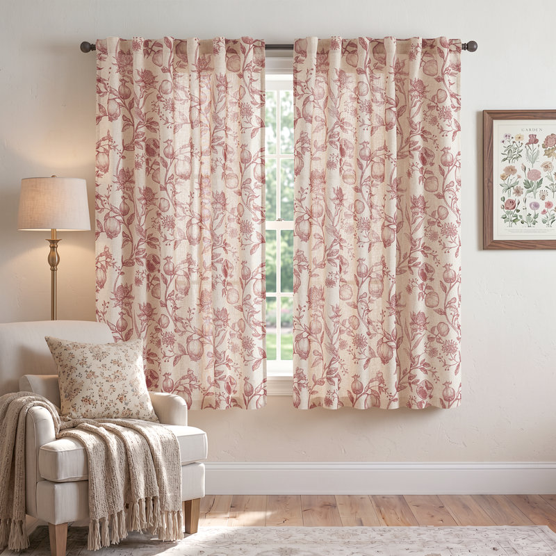 Nathnael Linen Blend Toile Semi-Sheer Curtain Panel Pair, 50" W x 63" L, Red