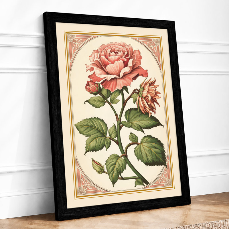 Roses in Gold Botanical - Framed Print, A2 - 59.4 x 42.0 cm, Black