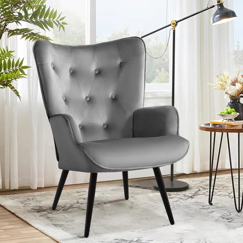 25.5'' Wide Modern Wingback Chair Velvet Upholstered Tufted Armchair with Metal Legs, 	Gray Velvet