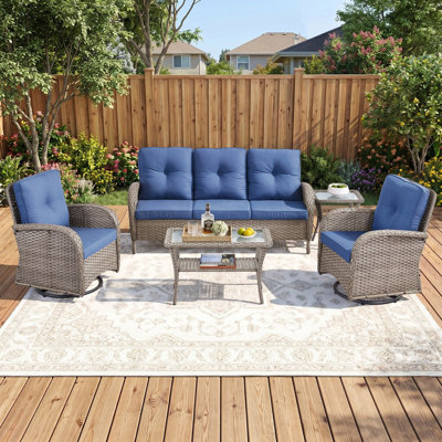 Ensemble de conversation de patio extérieur en résine tressée de 5 pièces, résistant aux intempéries, avec chaises pivotantes