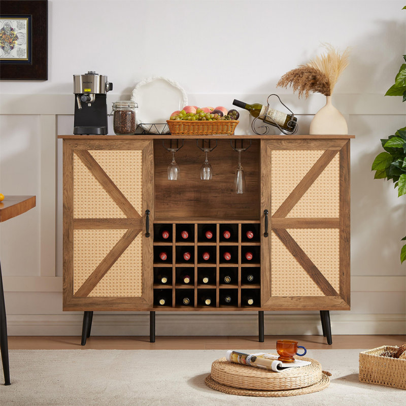 Armoire à vin en faux rotin avec porte de grange, Chêne / Noyer