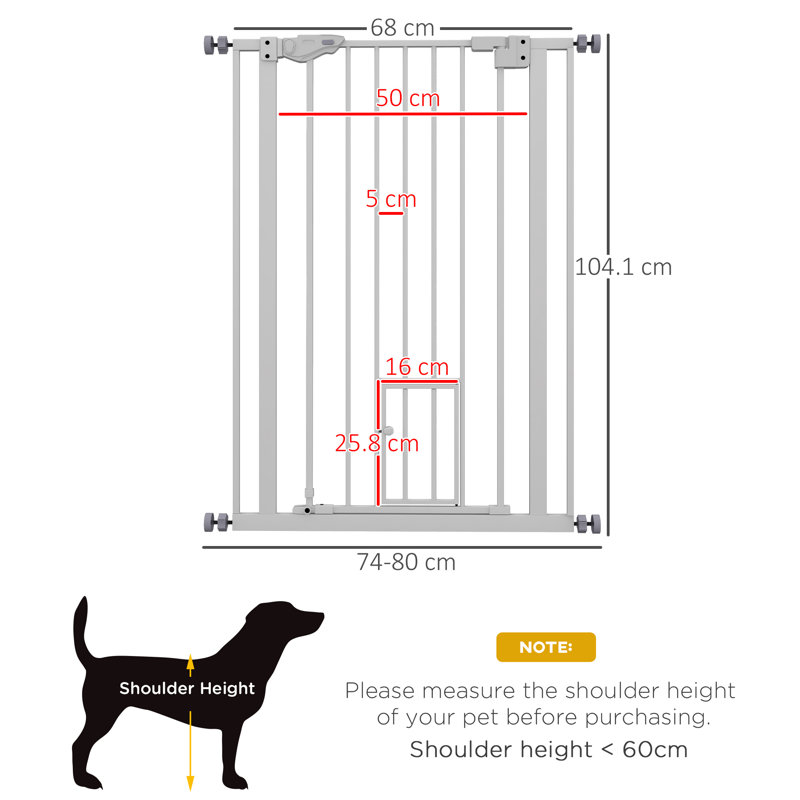 Extra Tall Dog Gate with Cat Door Auto Close for Stairs 74-80 cm Wide