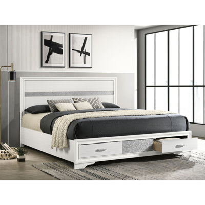 2 très grand lit plateforme avec rayures scintillantes, base à lattes de rangement en bois blanc et 2 tiroirs avec poignées en strass, Grandeur de chambre à coucher