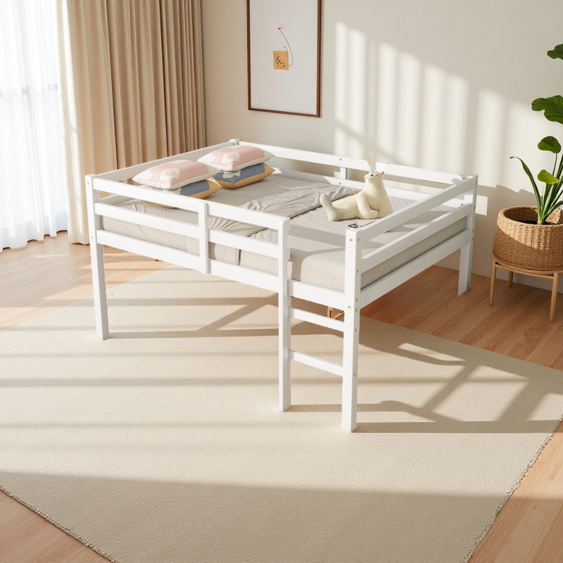 Lit mezzanine double en bois d'hévéa avec échelle, Blanc