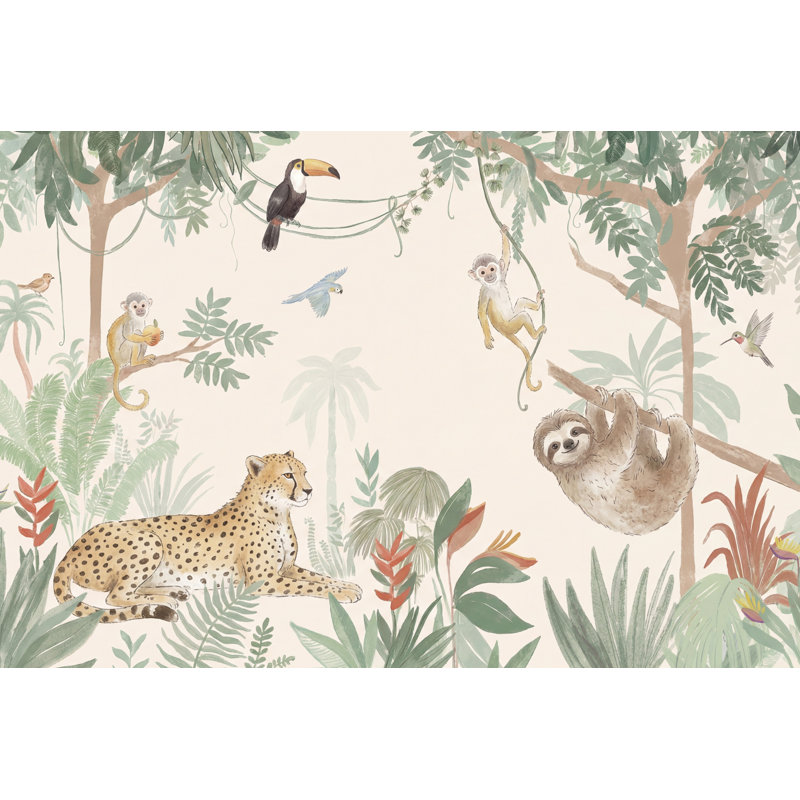 Papier peint jungle animaux tropicaux, 120" x 96", Peler et coller