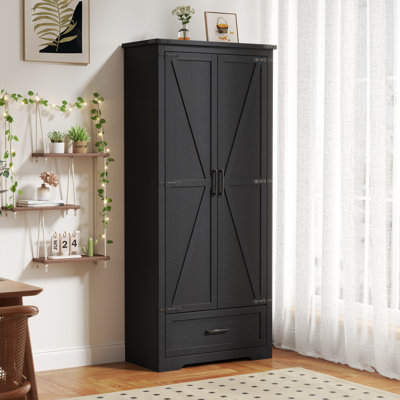 Farmhouse 72" Tall Kitchen Pantry Cabinet - Large Wood Kitchen Storage Cabinets With Adjustable Shelves & 2 Barn Doors & Drawer