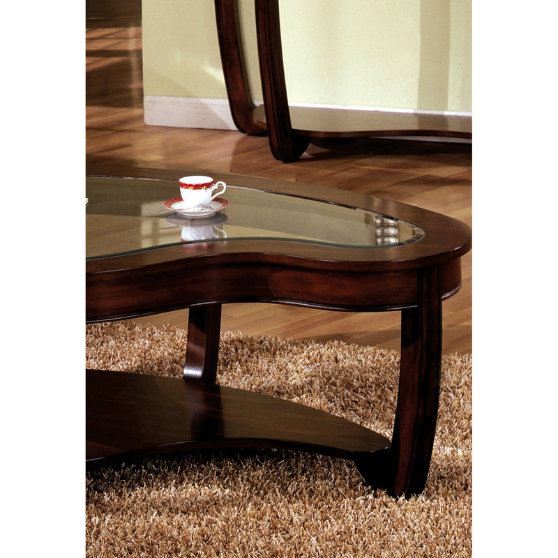 Contemporary Dark Cherry Coffee Table With Solid Wood Base And Glass Insert Tempered Shelf