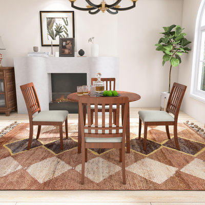 Ensemble de table de salle à manger 5 pièces pour 4 personnes, plateau de table en bois aggloméré pliable et chaises rembourrées, structure en bois d'hévéa brun