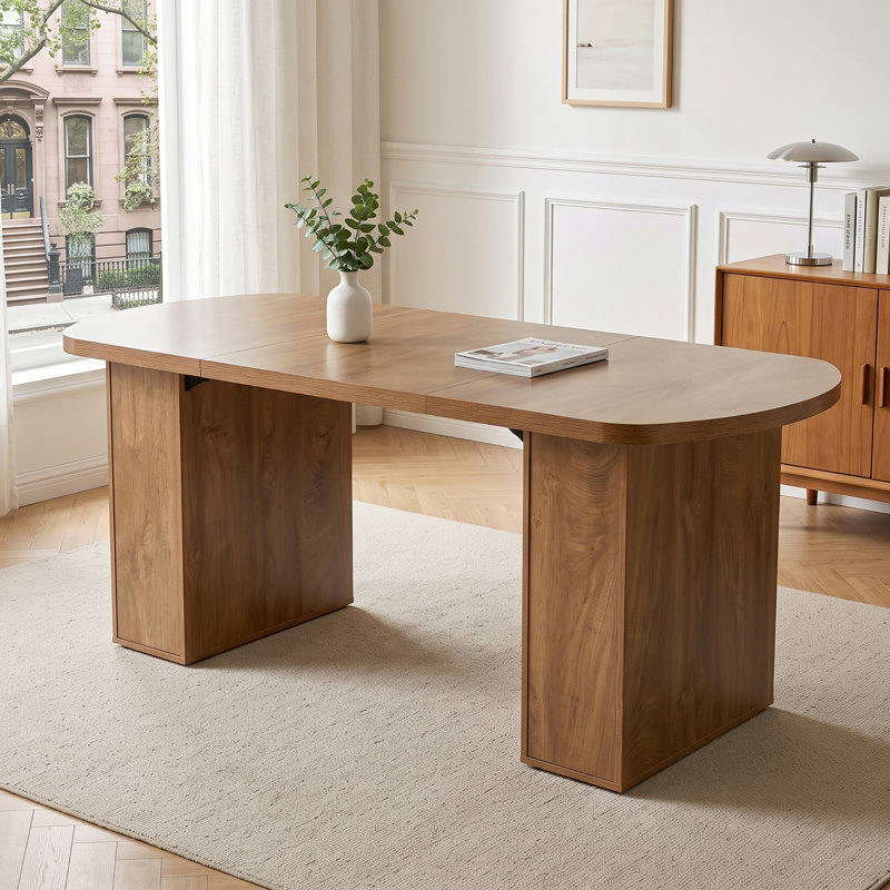Table de salle à manger moderne noyer brun avec base à double panneau fermé et extrémités arrondies