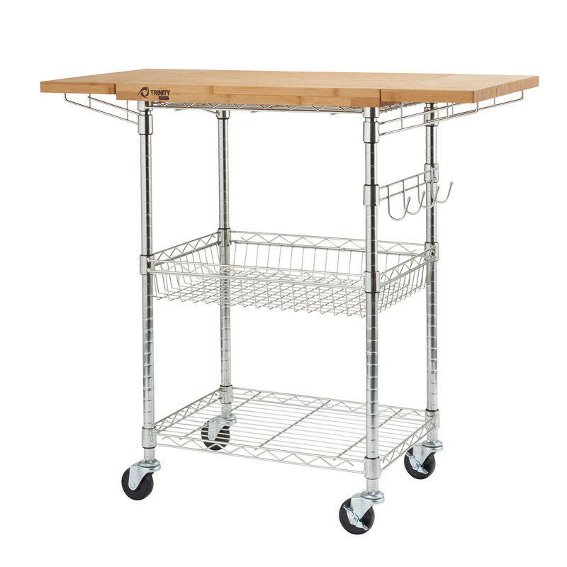 Chariot de cuisine TRINITY PRO EcoStorage avec plateau en bambou et abattant, Chrome