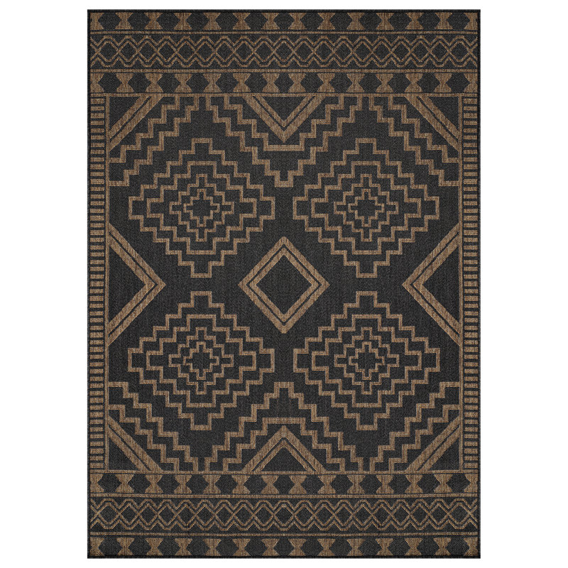 Geometric Border Dark Gray/Natural Easy-Care Jute-Style Indoor/Outdoor Flat Woven Area Rug, Rectangle 4' x 6', Dark Gray