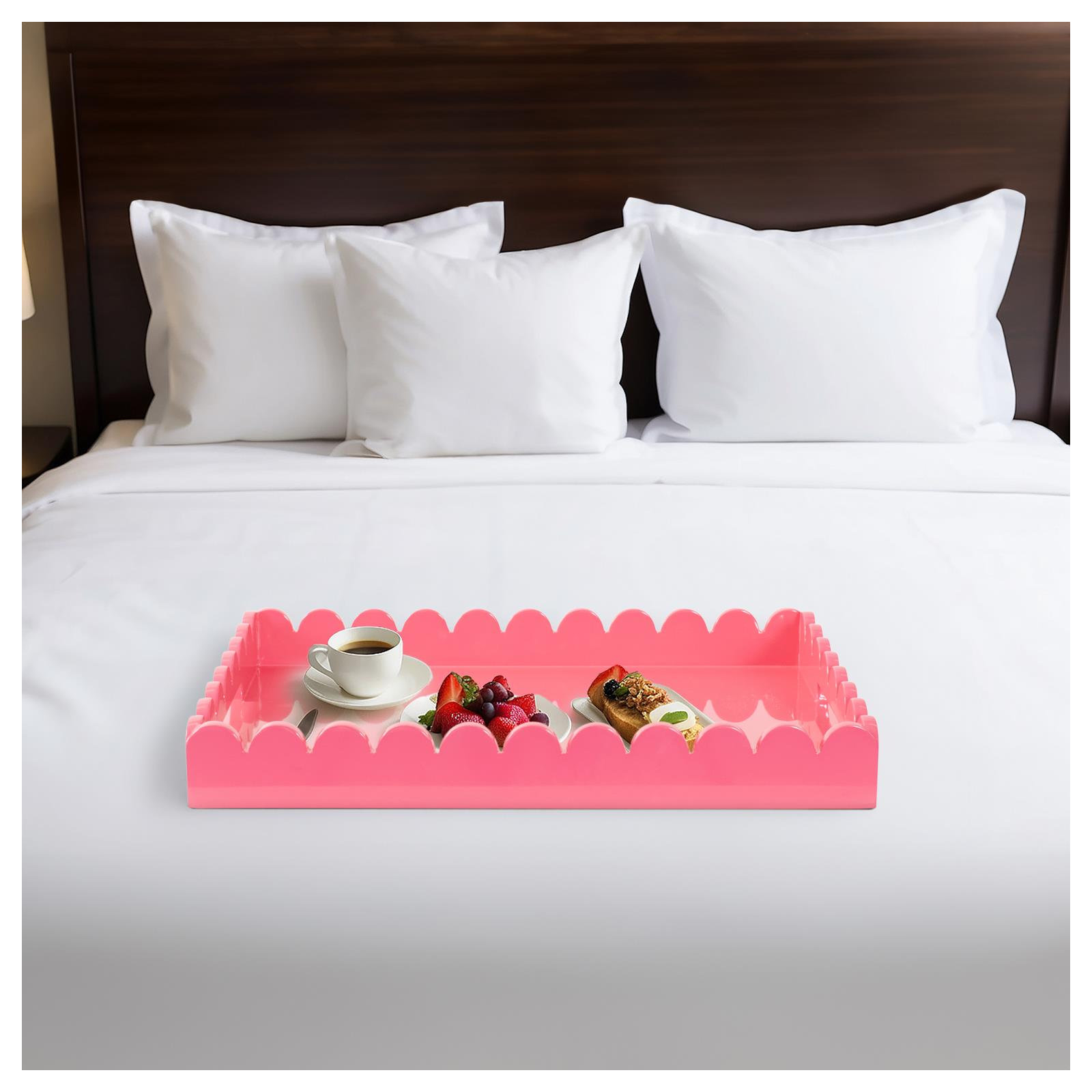 Hindley Hand-Crafted Rectangular Scalloped Wood Tray, Pink
