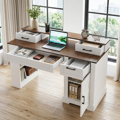 55 Inch Farmhouse Computer Writing Desk, Office Desk with Barn Door Design, Charging Station, Pegboard, Storage & Monitor Stand for Home Office by Inbox Zero