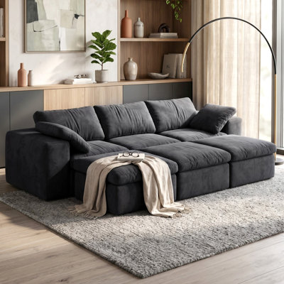 Dark Gray Modern Modular Sectional Sofa With 3 Matching Ottomans, Wide Square Armrests, Removable Washable Cushions