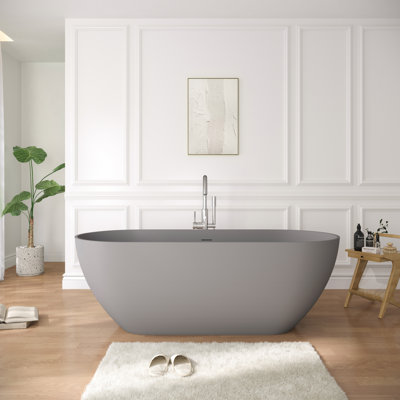 59" x 29.53" Freestanding Bathtub Stone Resin Soaking Tub with Overflow and Pop‑up Drain for Bathroom, Matte Gray
