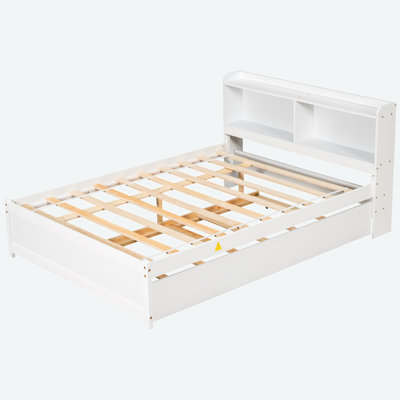 Wooden Bed With Bookcase And Trundle, Wood Slat Support