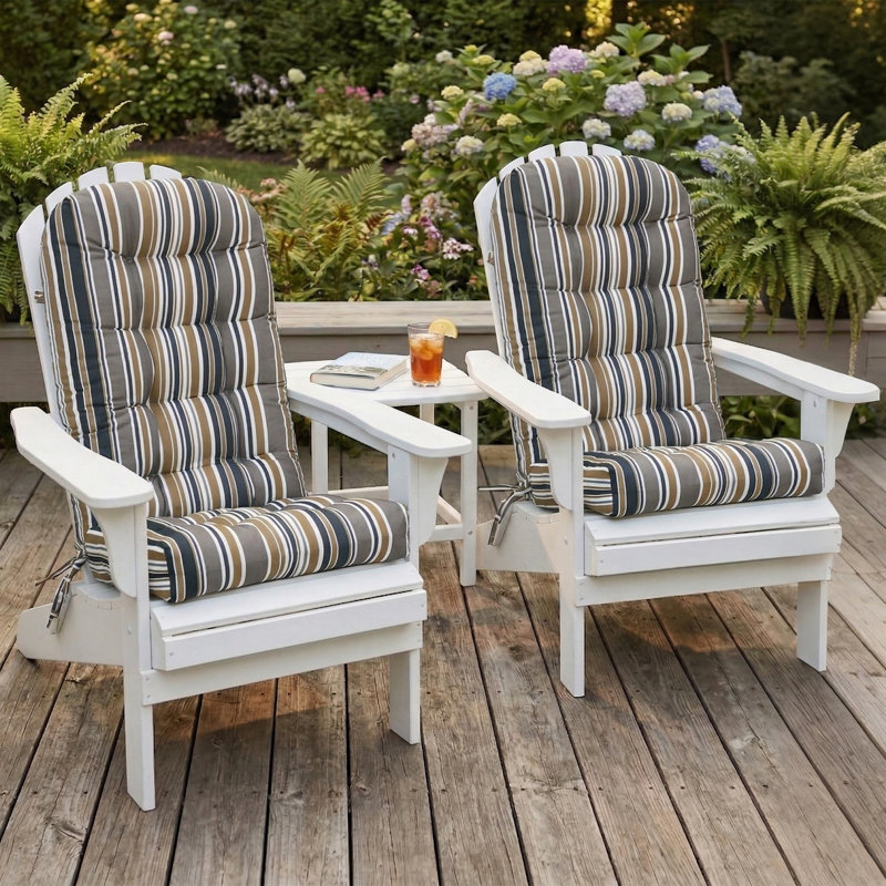 Outdoor Replacement Cushion Set  4.7" Thick High Back Seat / Back Cushions with Ties, Buckle (Set of 2), Brown Striped