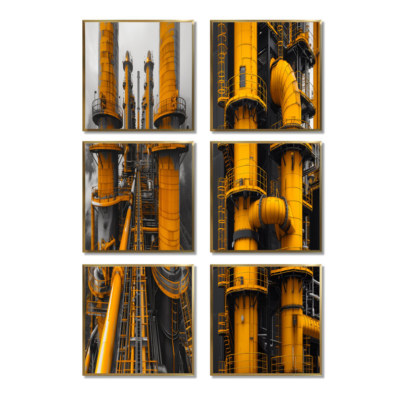 Ensemble de 6 reproductions d'art sur toile monochrome jaune et gris, Impression encadrée sans passe-partout, Noir