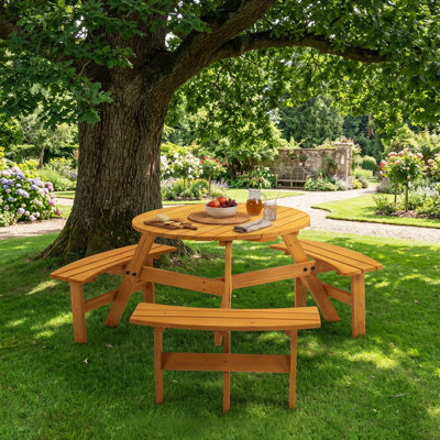 Table de pique-nique circulaire en bois 35,4 po pour 6 personnes, table de patio ronde avec 3 bancs intégrés pour la cour, le jardin et la cour