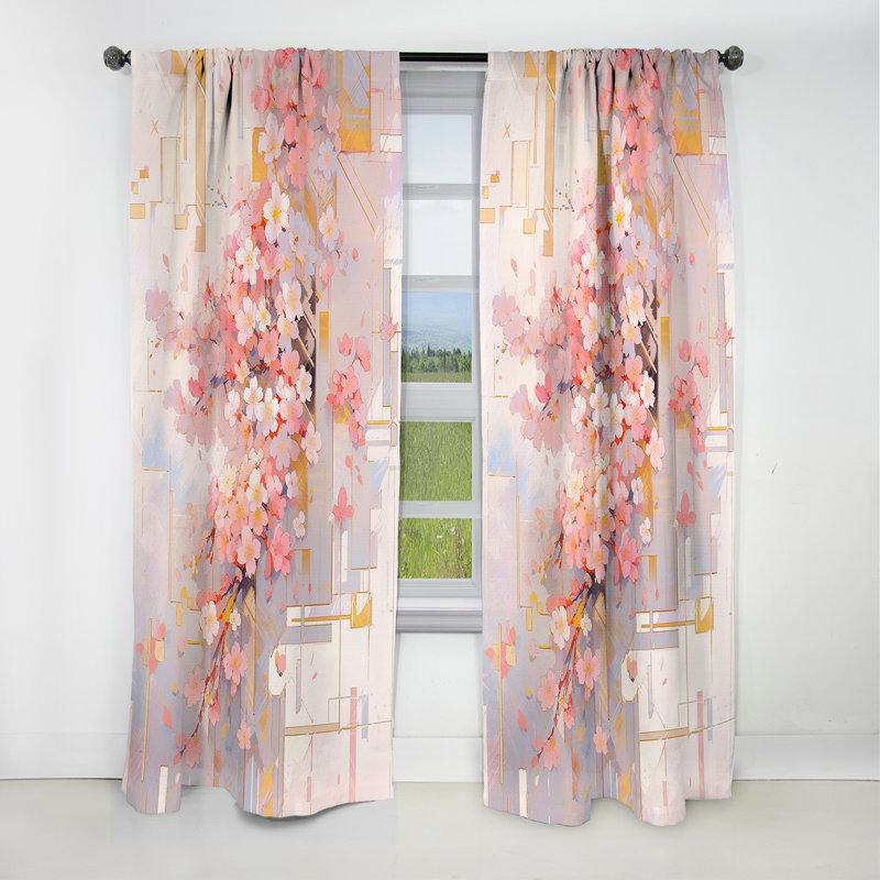 Contemporary Cherry Blossom Bold Stripes - Rideau occultant en velours floral cerise - 1 panneaux, L 52 po x L 90 po