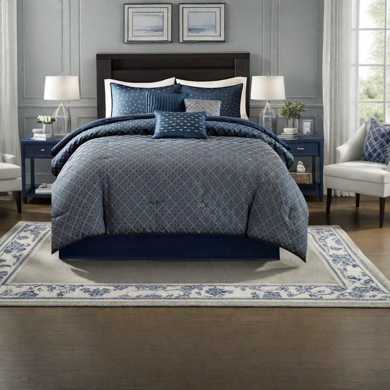 Ensembles de literie luxueux en jacquard, polyester, bleu marine moderne, confort à la maison